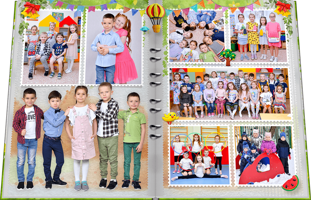 Пластилиновые поделки украшают яркие фотографии выпускающихся из детского сада детей